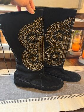 Jeffrey Campbell Black Suede Lace-Up Boots with Gold Stud Embellishments